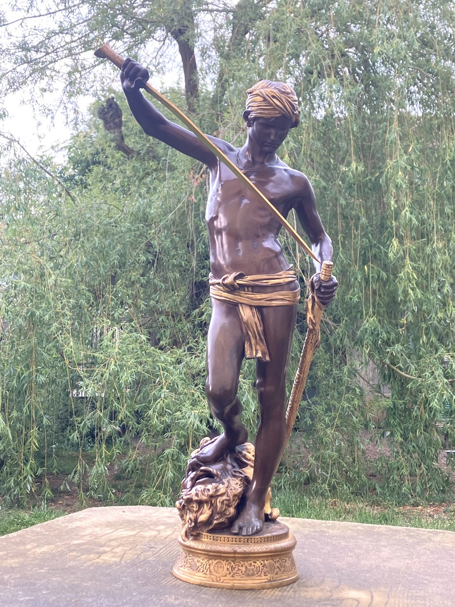 David Conqueror Of Goliath By Antonin Mercié 72 Cm Barbedienne Bronze Founder With Patina And Gilding