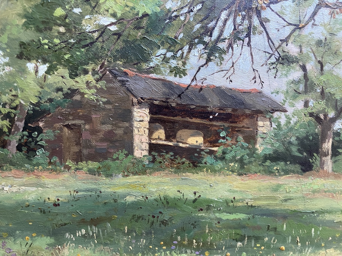 Lucien Quintard Lorraine Landscape With Hens 46 X 65 Cm-photo-4