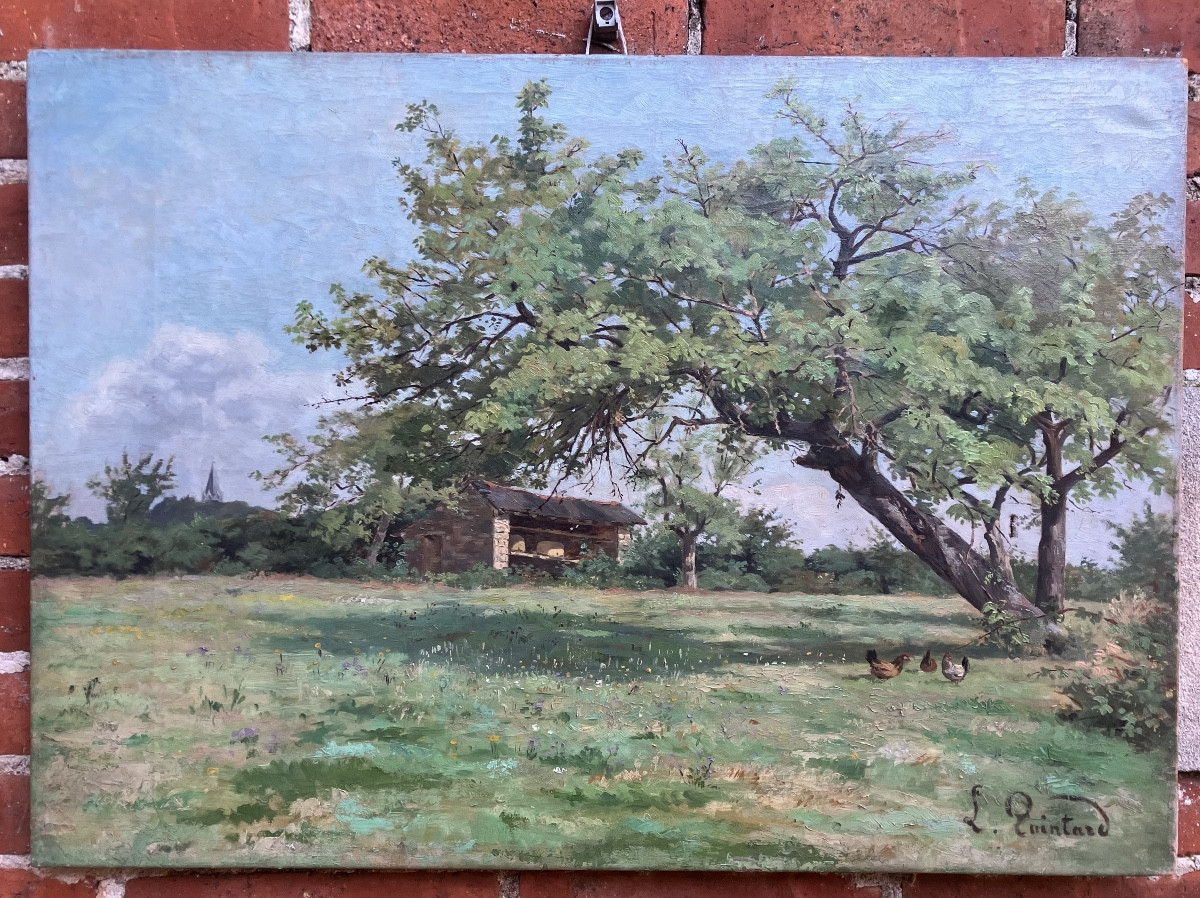 Lucien Quintard Lorraine Landscape With Hens 46 X 65 Cm