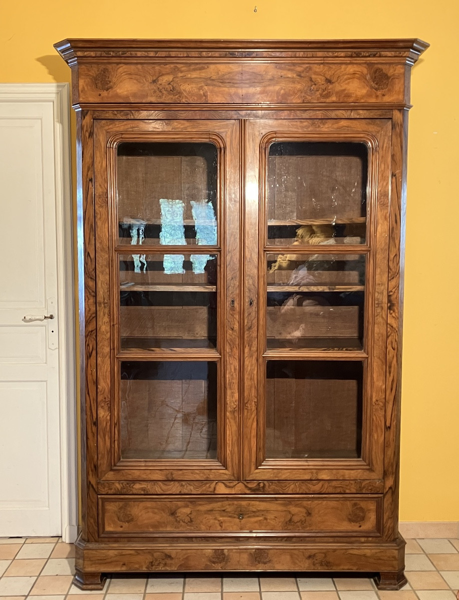 19th Century Walnut Bookcase With Blown Glass, Easy To Dismantle