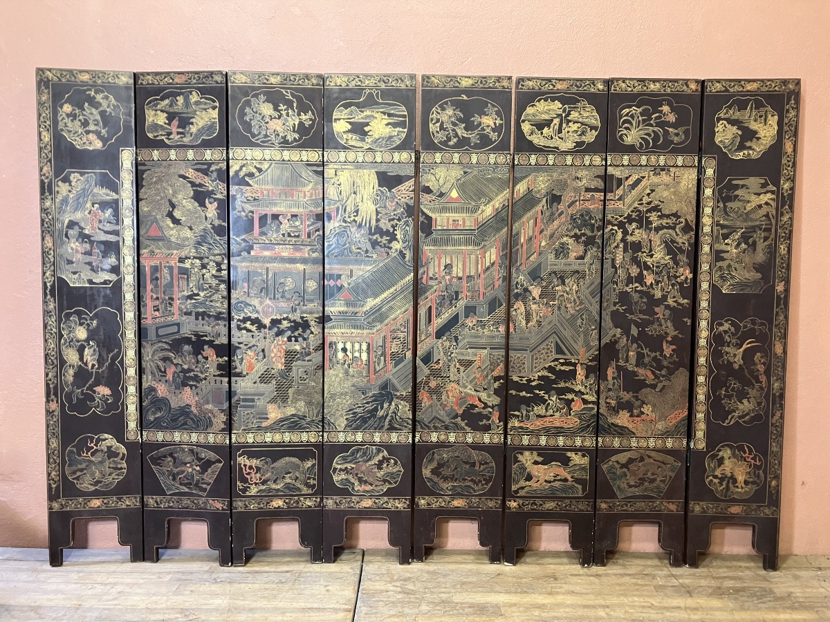 Large 8-leaf Chinese Folding Screen W 254 Cm X H 170 Cm Gilded And Polychrome Lacquered Wood 19th Century-photo-2