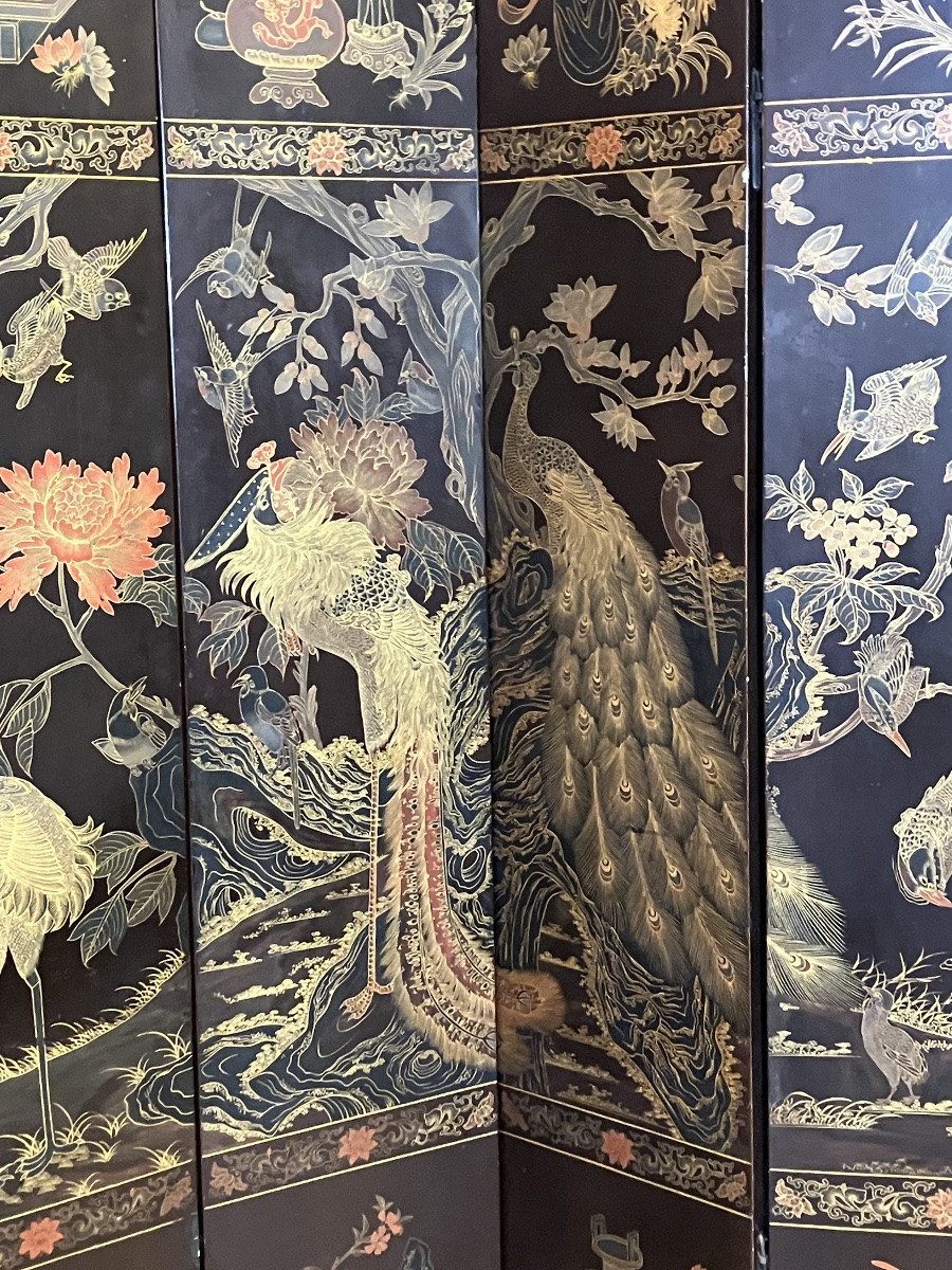 Large 8-leaf Chinese Folding Screen W 254 Cm X H 170 Cm Gilded And Polychrome Lacquered Wood 19th Century-photo-3