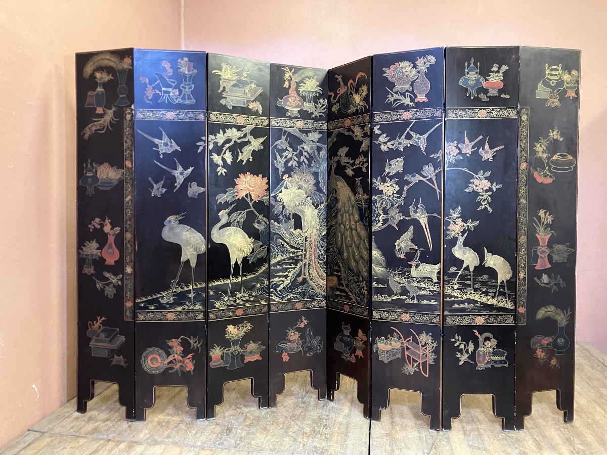 Large 8-leaf Chinese Folding Screen W 254 Cm X H 170 Cm Gilded And Polychrome Lacquered Wood 19th Century-photo-2