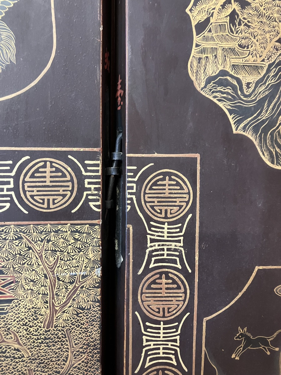 Large 8-leaf Chinese Folding Screen W 254 Cm X H 170 Cm Gilded And Polychrome Lacquered Wood 19th Century-photo-2