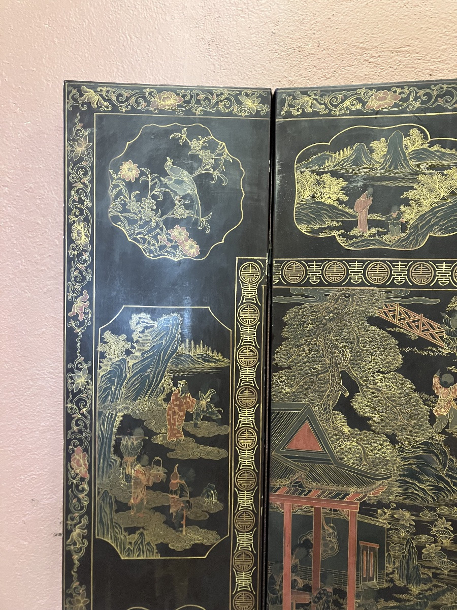 Large 8-leaf Chinese Folding Screen W 254 Cm X H 170 Cm Gilded And Polychrome Lacquered Wood 19th Century-photo-3