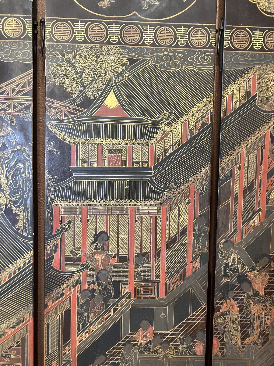 Large 8-leaf Chinese Folding Screen W 254 Cm X H 170 Cm Gilded And Polychrome Lacquered Wood 19th Century-photo-4