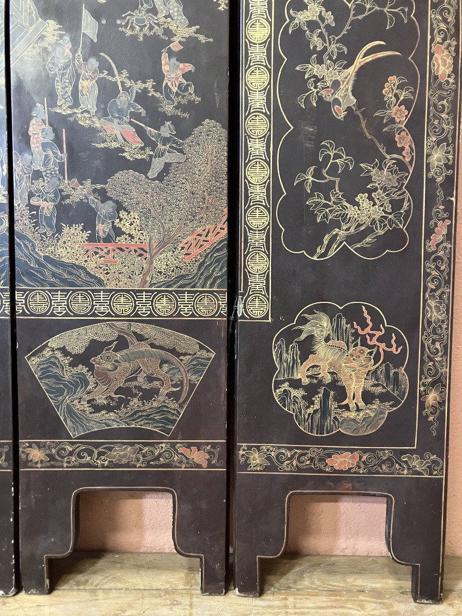 Large 8-leaf Chinese Folding Screen W 254 Cm X H 170 Cm Gilded And Polychrome Lacquered Wood 19th Century-photo-5
