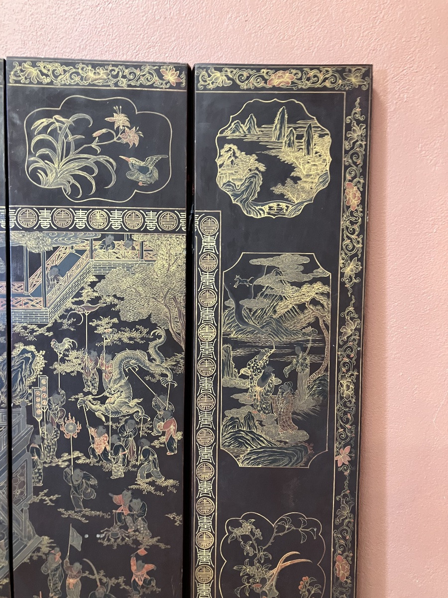 Large 8-leaf Chinese Folding Screen W 254 Cm X H 170 Cm Gilded And Polychrome Lacquered Wood 19th Century-photo-6