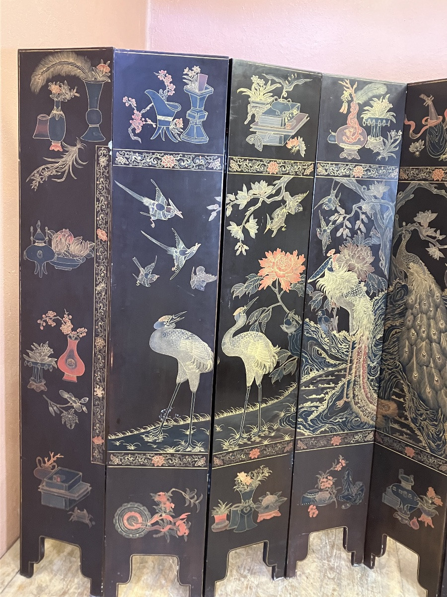 Large 8-leaf Chinese Folding Screen W 254 Cm X H 170 Cm Gilded And Polychrome Lacquered Wood 19th Century-photo-7