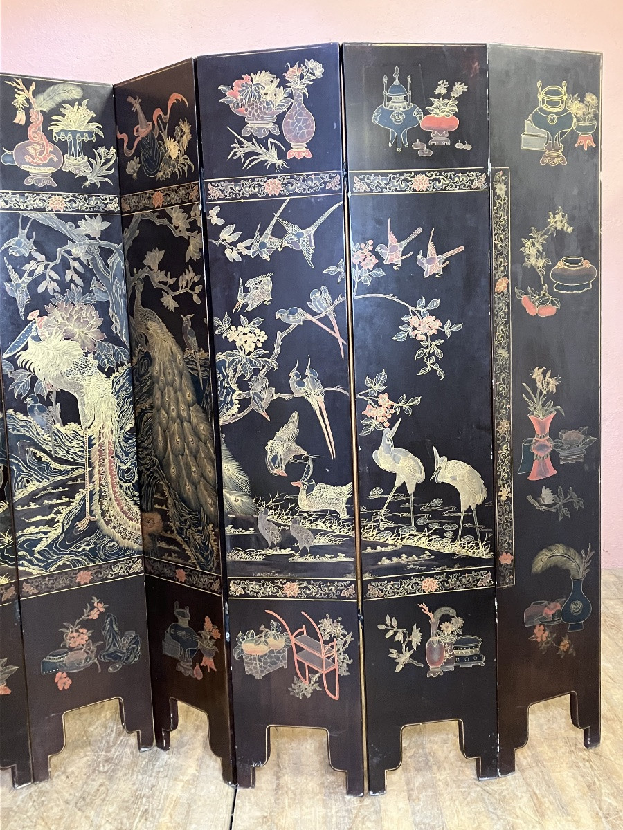 Large 8-leaf Chinese Folding Screen W 254 Cm X H 170 Cm Gilded And Polychrome Lacquered Wood 19th Century-photo-8