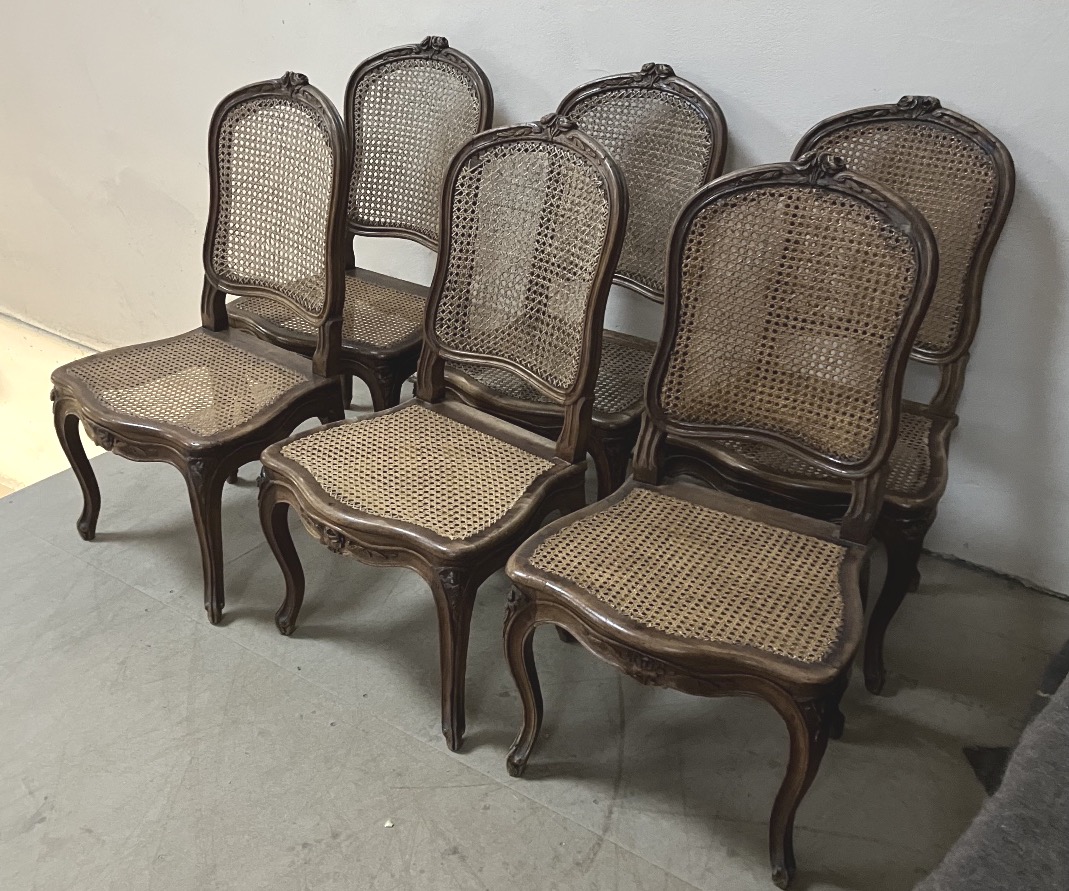 Set Of 6 Louis XV Period Chairs In Walnut With Wickerwork Dlg Nogaret-photo-2
