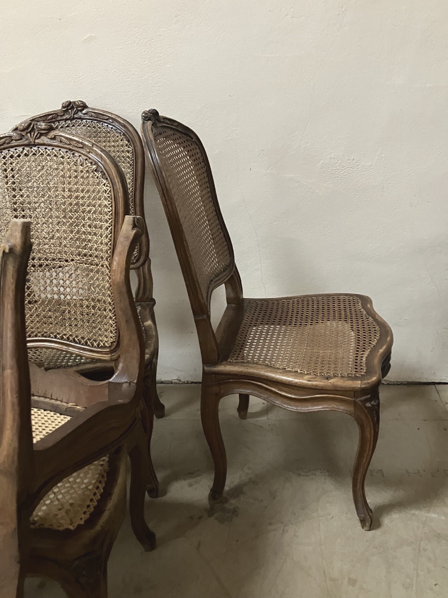 Set Of 6 Louis XV Period Chairs In Walnut With Wickerwork Dlg Nogaret-photo-3