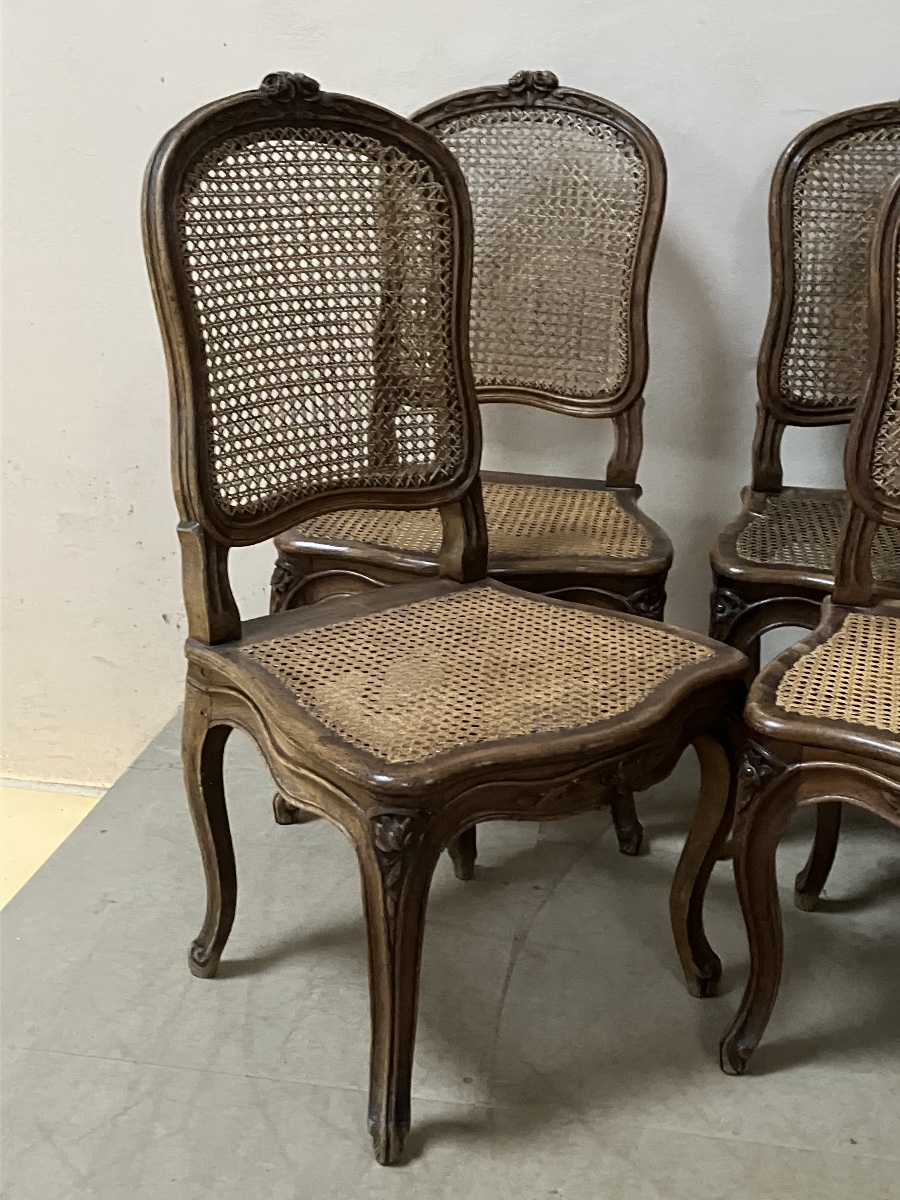 Set Of 6 Louis XV Period Chairs In Walnut With Wickerwork Dlg Nogaret-photo-4