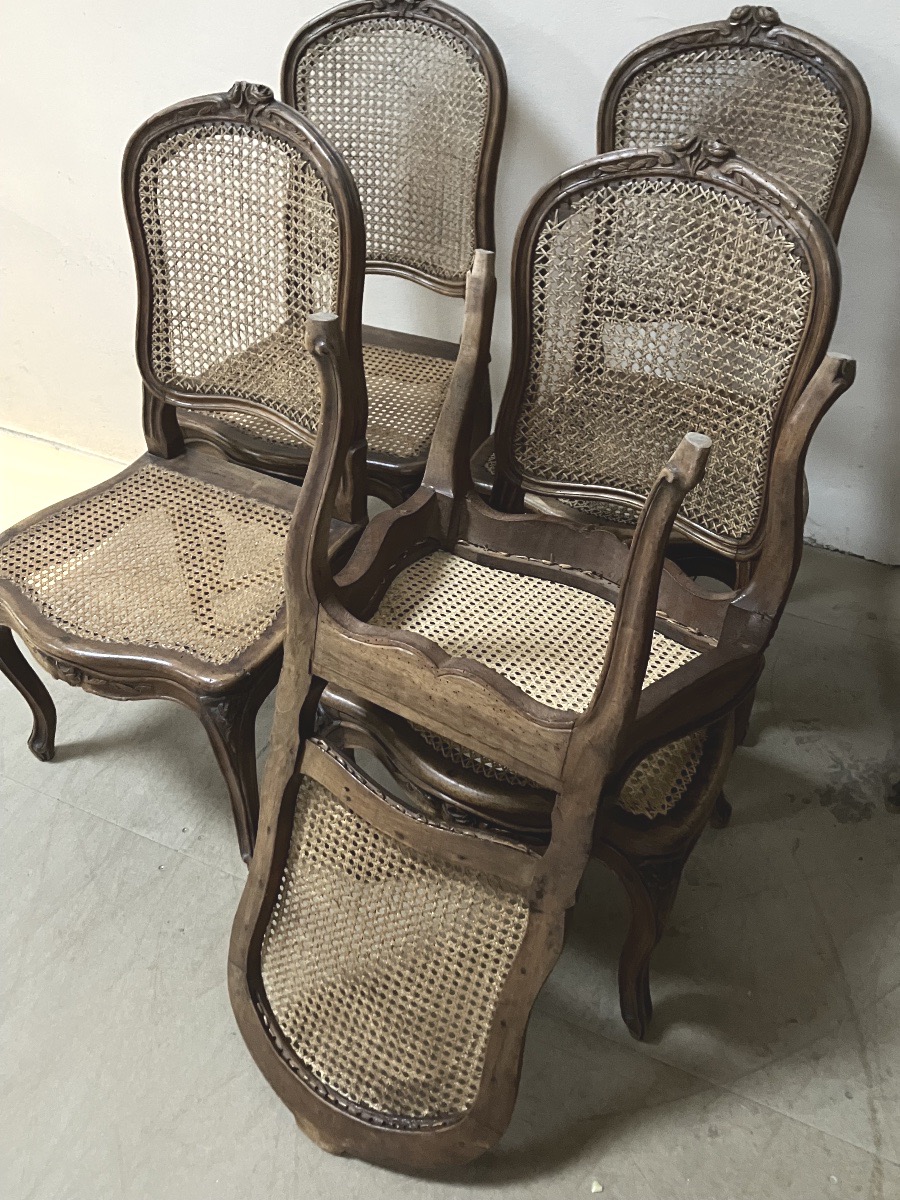 Set Of 6 Louis XV Period Chairs In Walnut With Wickerwork Dlg Nogaret-photo-6
