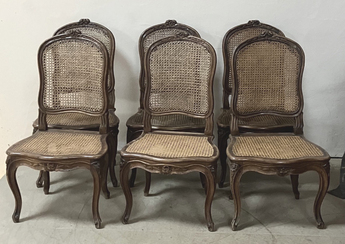 Set Of 6 Louis XV Period Chairs In Walnut With Wickerwork Dlg Nogaret