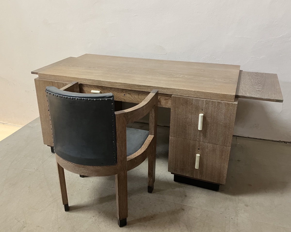 Michel Dufet Modernist Desk And Armchair In Ceruse Oak-photo-1