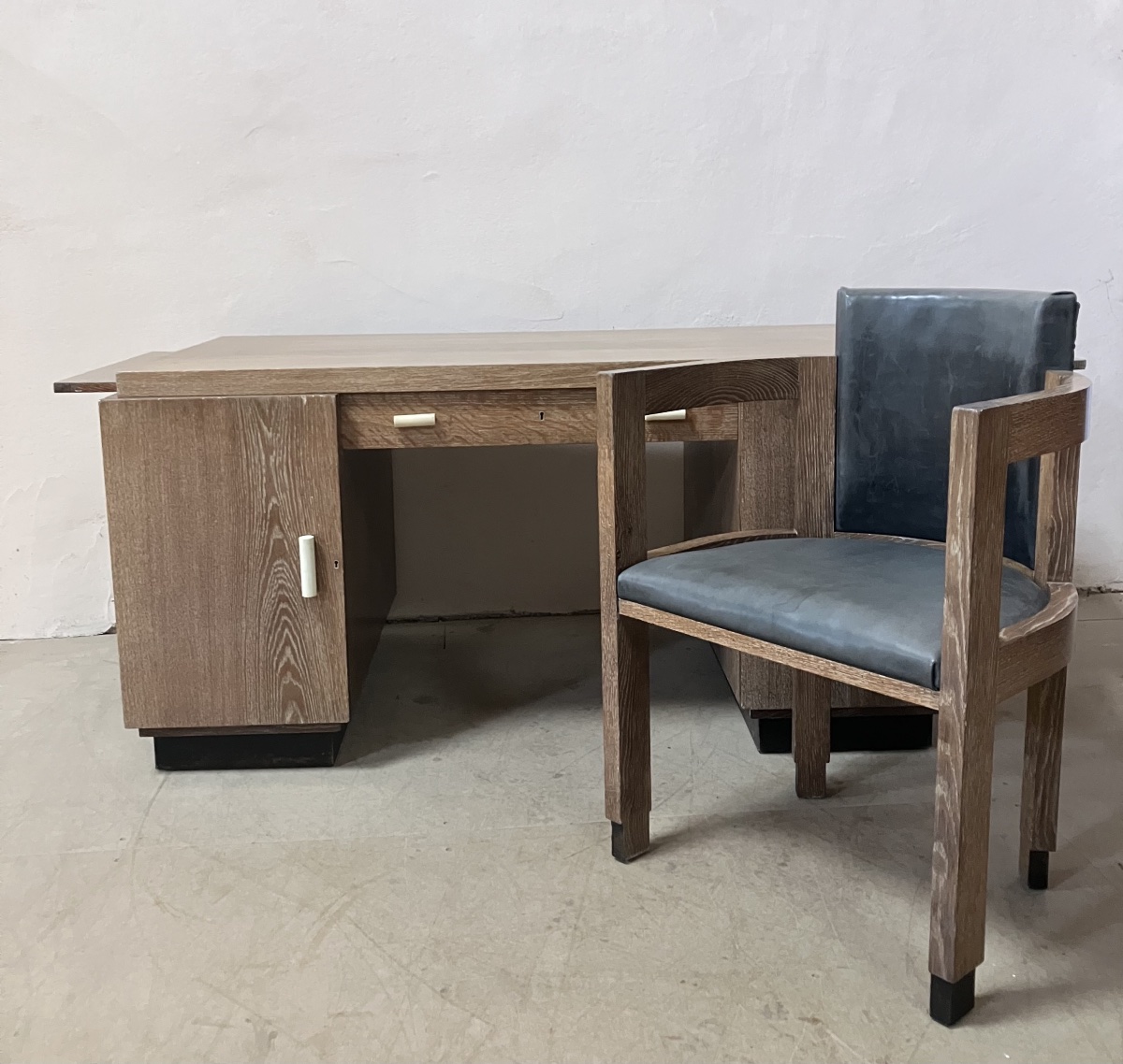 Michel Dufet Modernist Desk And Armchair In Ceruse Oak