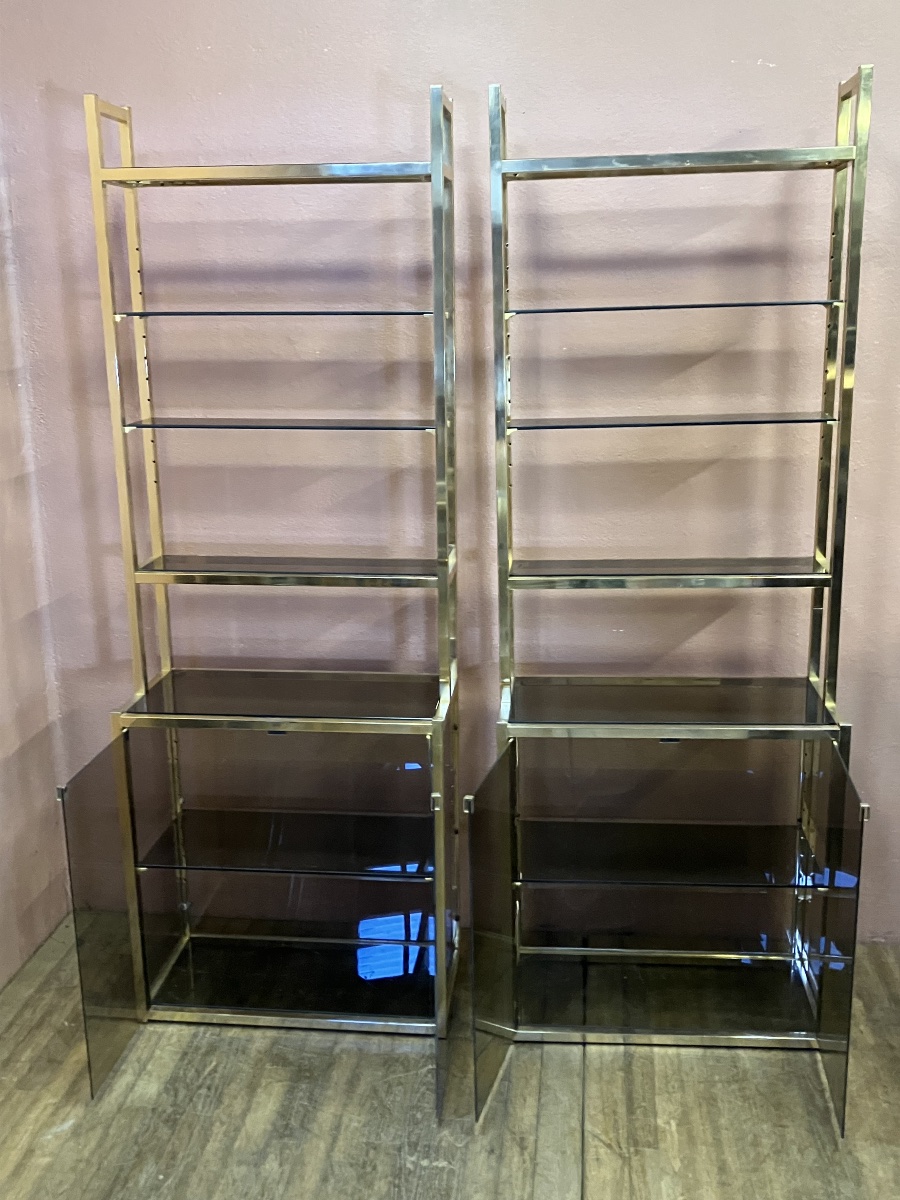 Pair Of Dlg Pierre Vandel Library Shelves In Gilded Brass And Smoked Glass From The 70s-photo-2