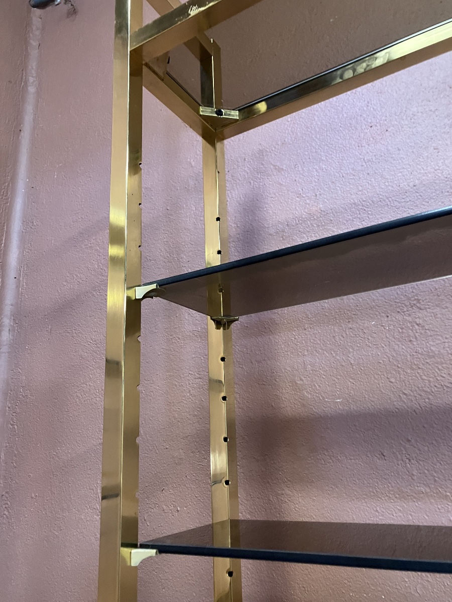 Pair Of Dlg Pierre Vandel Library Shelves In Gilded Brass And Smoked Glass From The 70s-photo-3