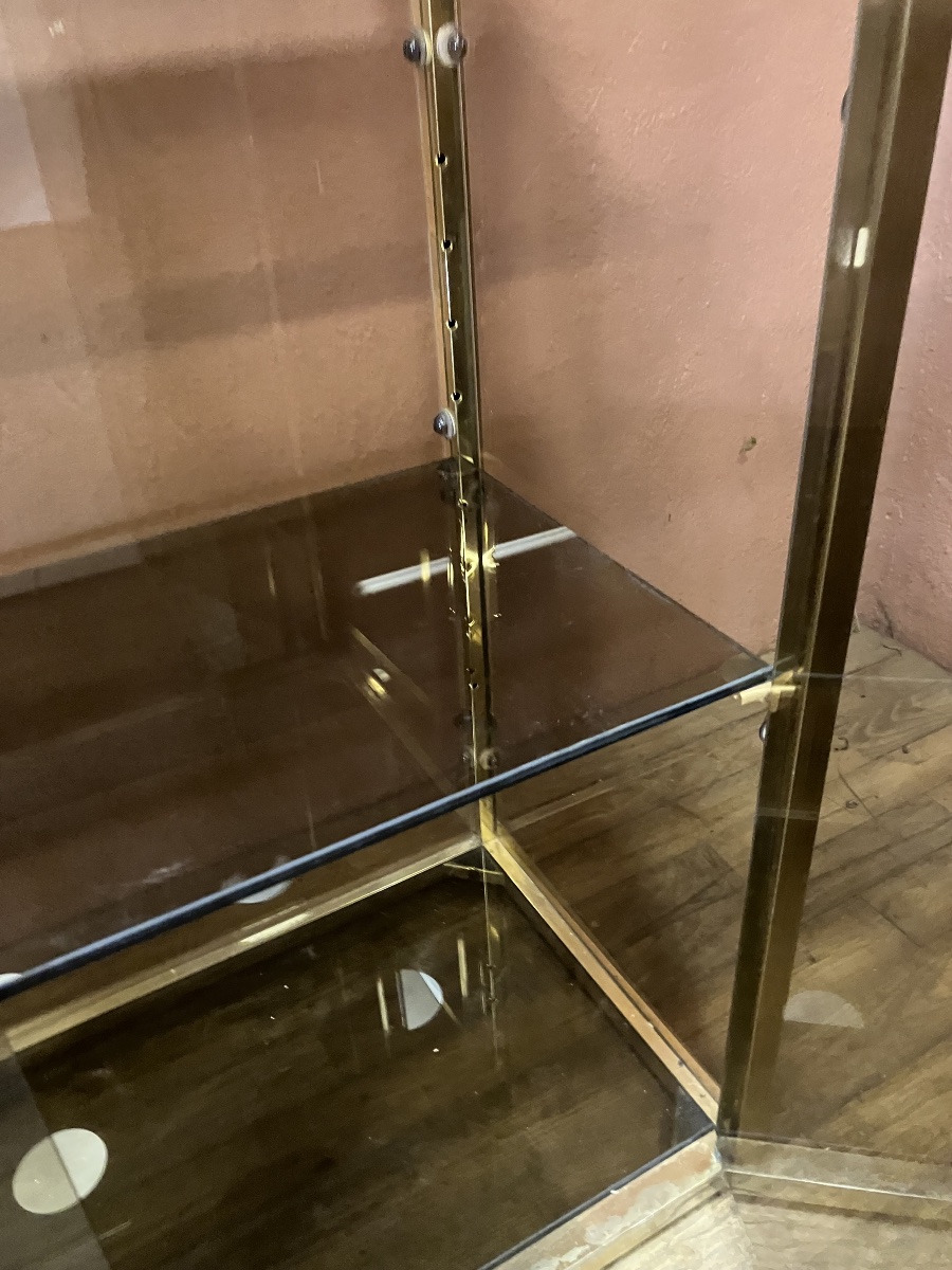 Pair Of Dlg Pierre Vandel Library Shelves In Gilded Brass And Smoked Glass From The 70s-photo-1