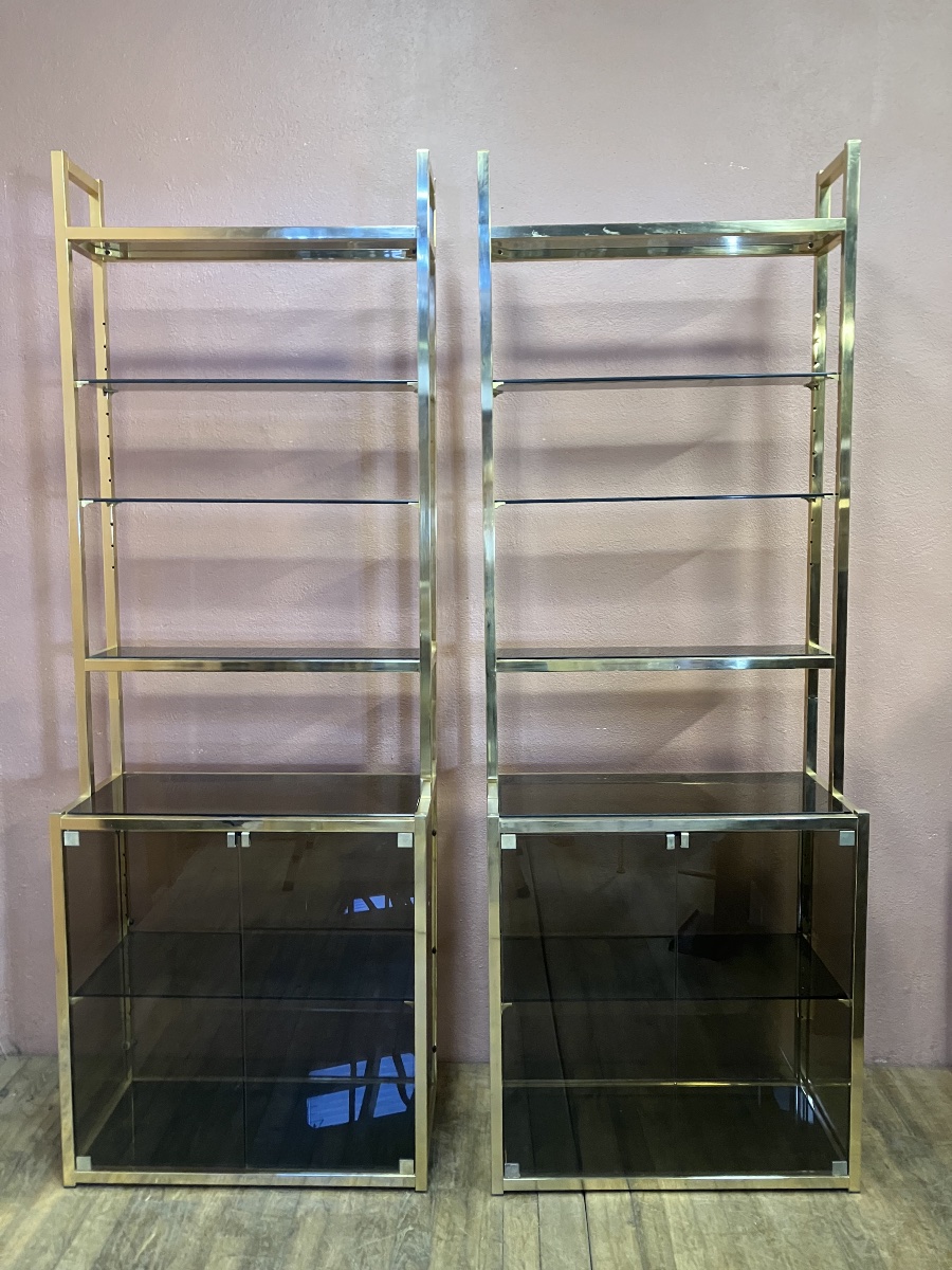 Pair Of Dlg Pierre Vandel Library Shelves In Gilded Brass And Smoked Glass From The 70s-photo-3