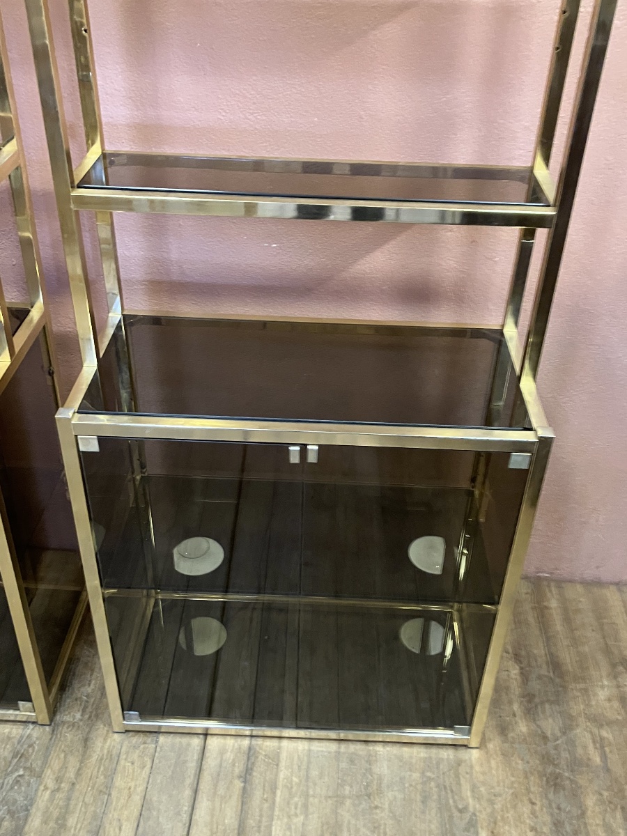 Pair Of Dlg Pierre Vandel Library Shelves In Gilded Brass And Smoked Glass From The 70s-photo-4