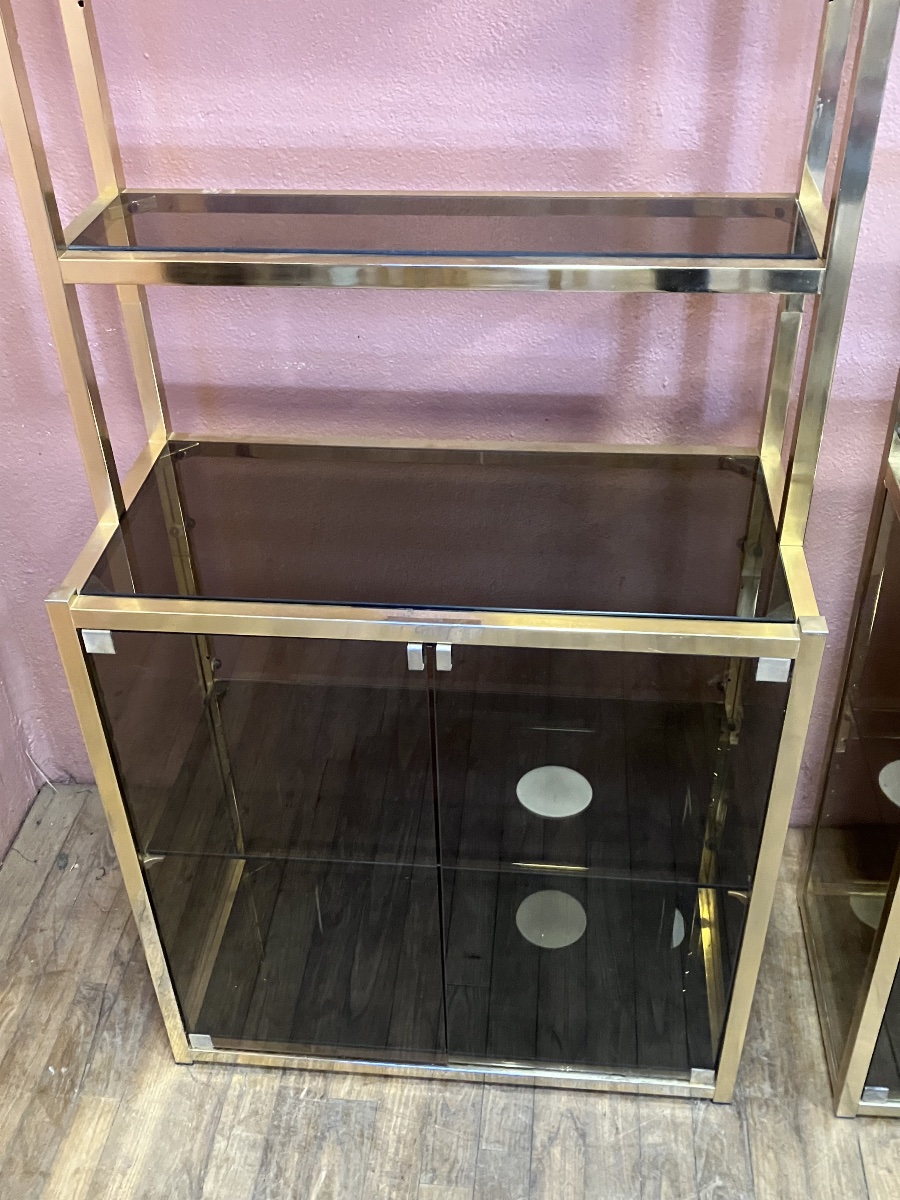 Pair Of Dlg Pierre Vandel Library Shelves In Gilded Brass And Smoked Glass From The 70s-photo-5