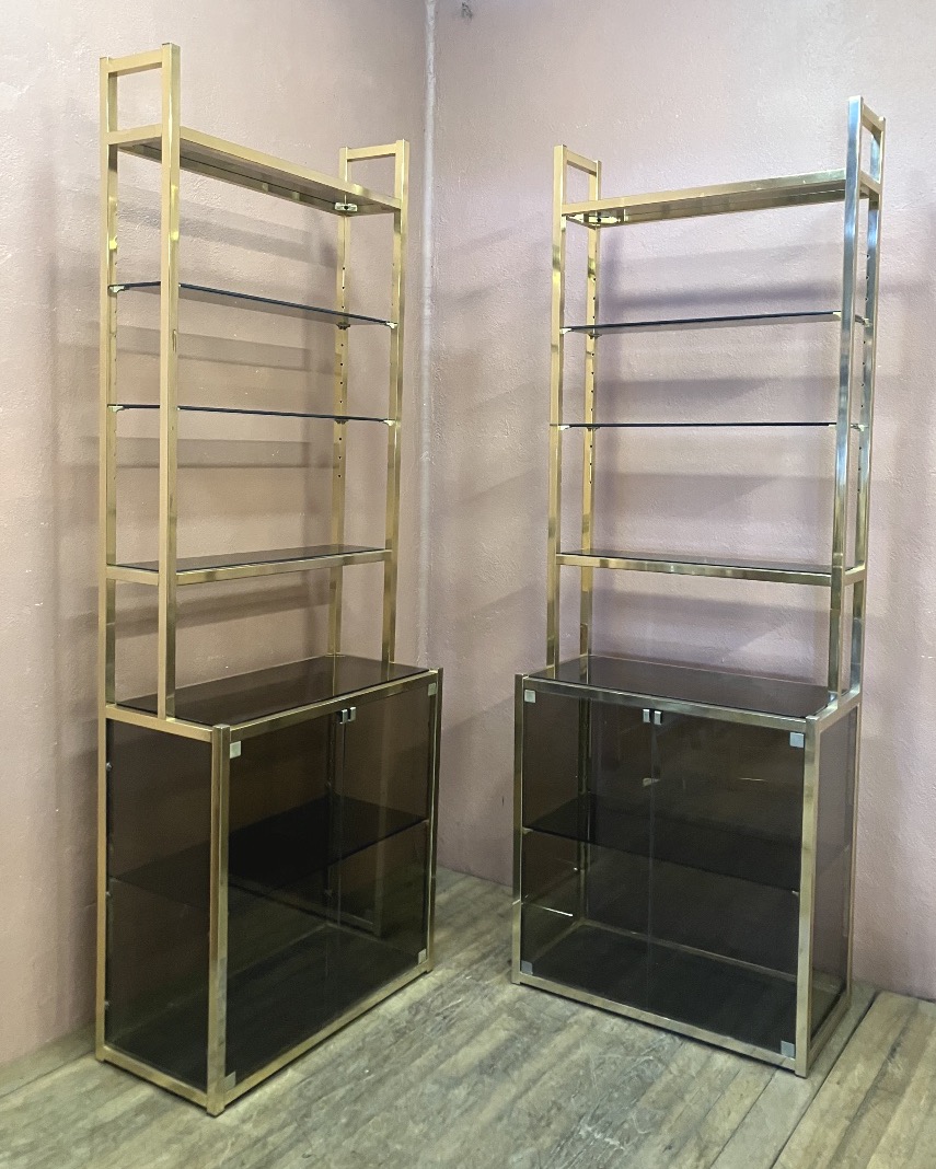 Pair Of Dlg Pierre Vandel Library Shelves In Gilded Brass And Smoked Glass From The 70s
