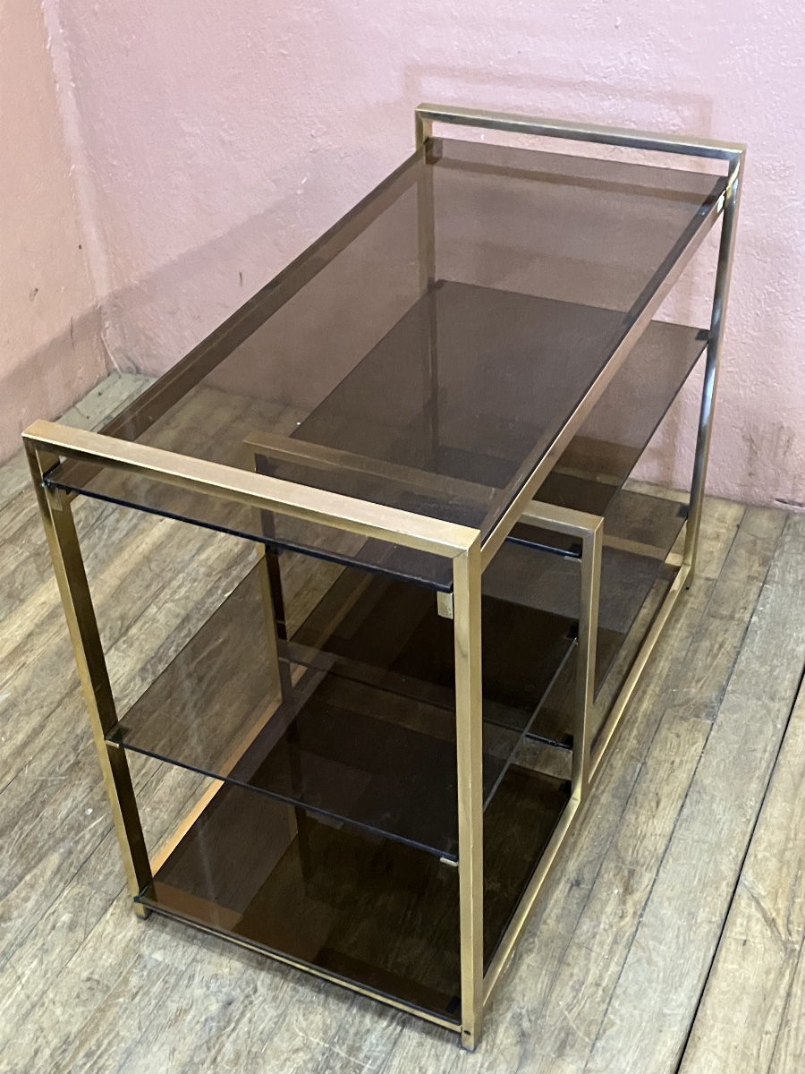Etagère desserte dlg Pierre Vandel en laiton doré et verre fumé années 70 Table de milieu-photo-2