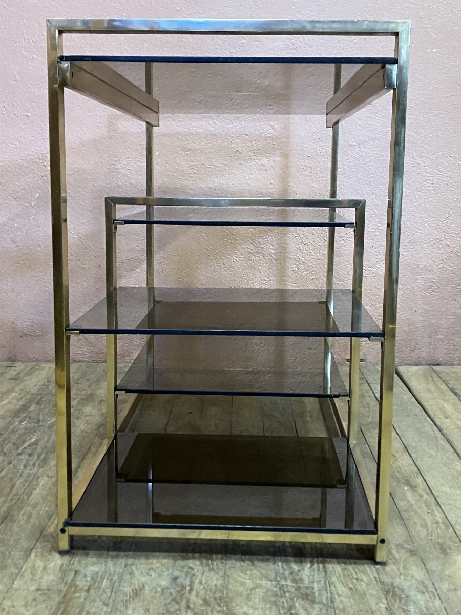 Etagère desserte dlg Pierre Vandel en laiton doré et verre fumé années 70 Table de milieu-photo-3