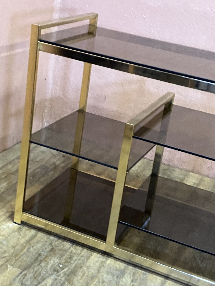 Etagère desserte dlg Pierre Vandel en laiton doré et verre fumé années 70 Table de milieu-photo-3