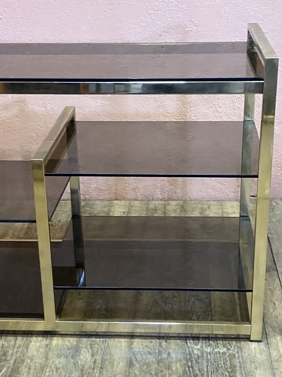 Etagère desserte dlg Pierre Vandel en laiton doré et verre fumé années 70 Table de milieu-photo-4