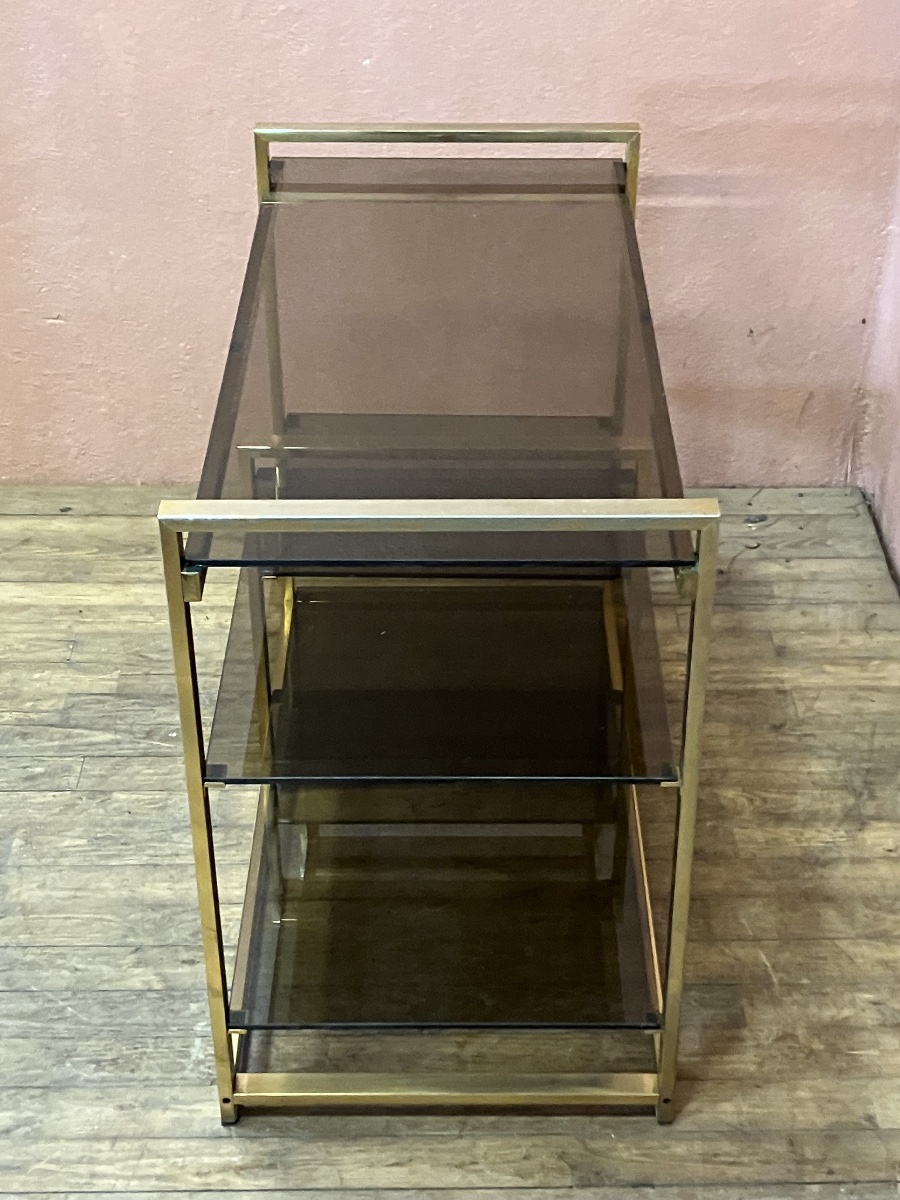 Etagère desserte dlg Pierre Vandel en laiton doré et verre fumé années 70 Table de milieu-photo-5