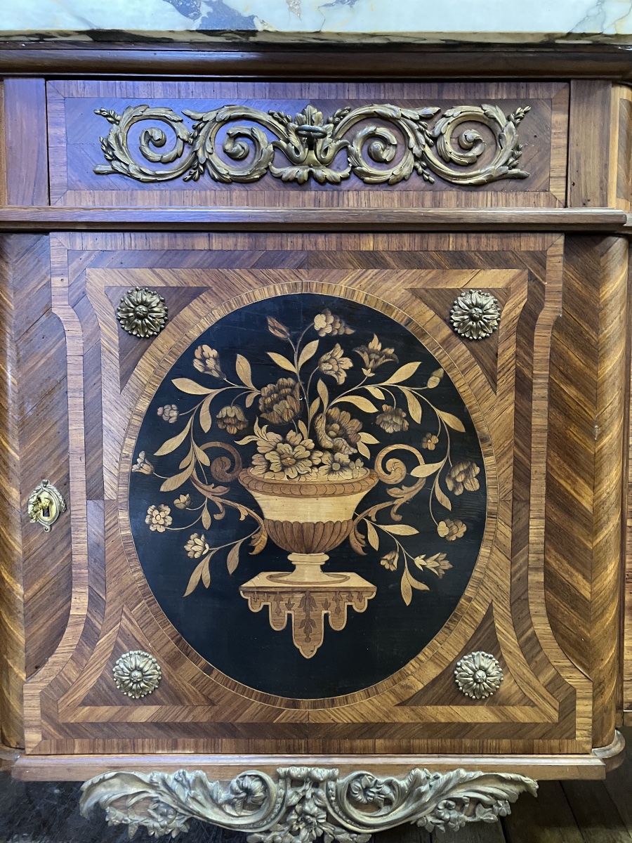 Importante Commode à la manière de Riesner Louis XVI époque XIXème marqueterie bronzes Chateau-photo-8