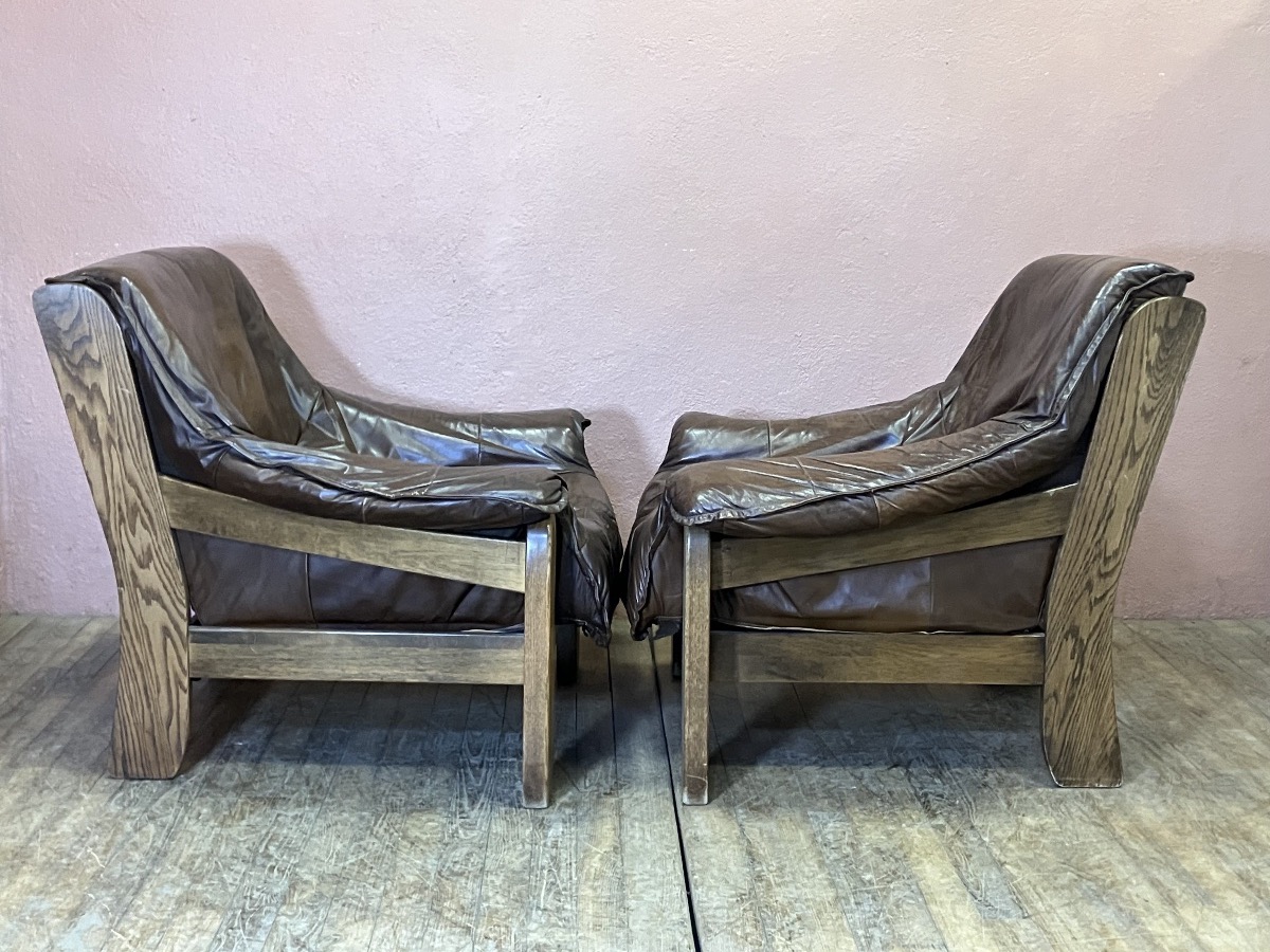 Pair Of Brutalist Oak And Leather Armchairs-photo-2