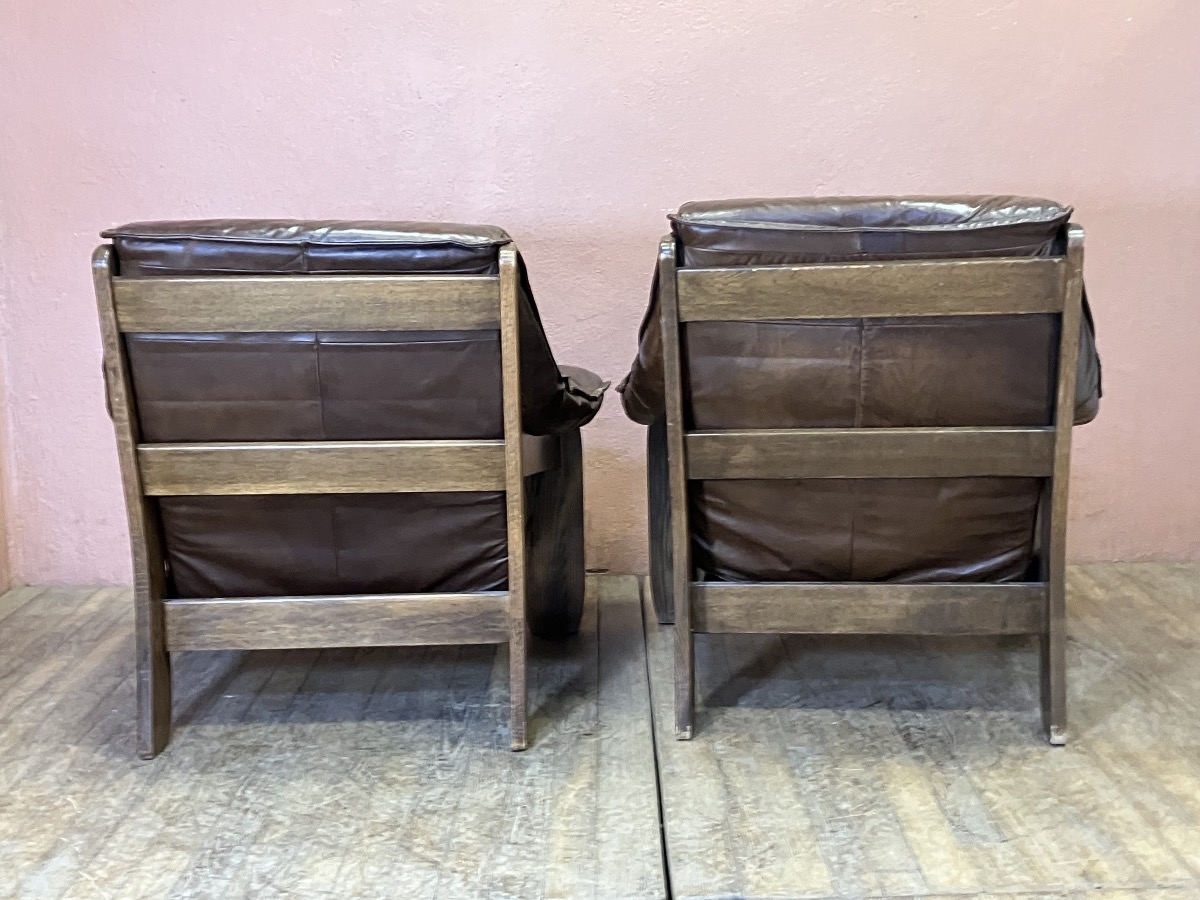 Pair Of Brutalist Oak And Leather Armchairs-photo-3