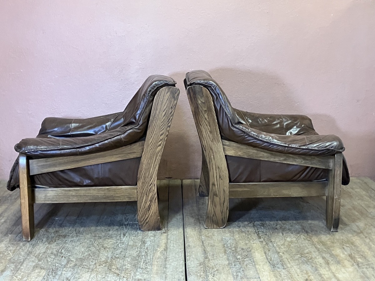 Pair Of Brutalist Oak And Leather Armchairs-photo-4