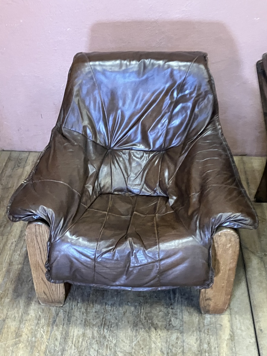 Pair Of Brutalist Oak And Leather Armchairs-photo-1