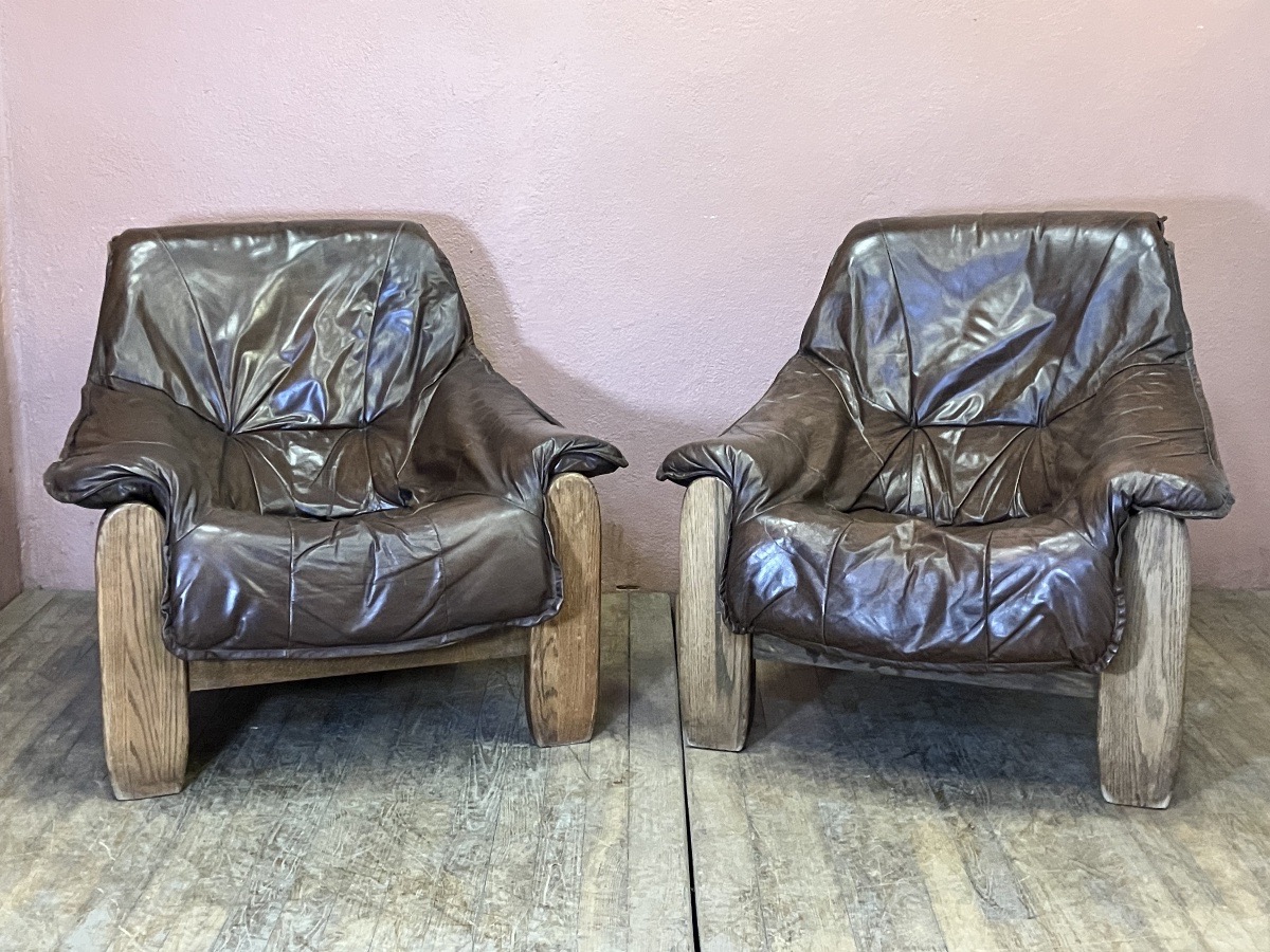 Pair Of Brutalist Oak And Leather Armchairs-photo-4