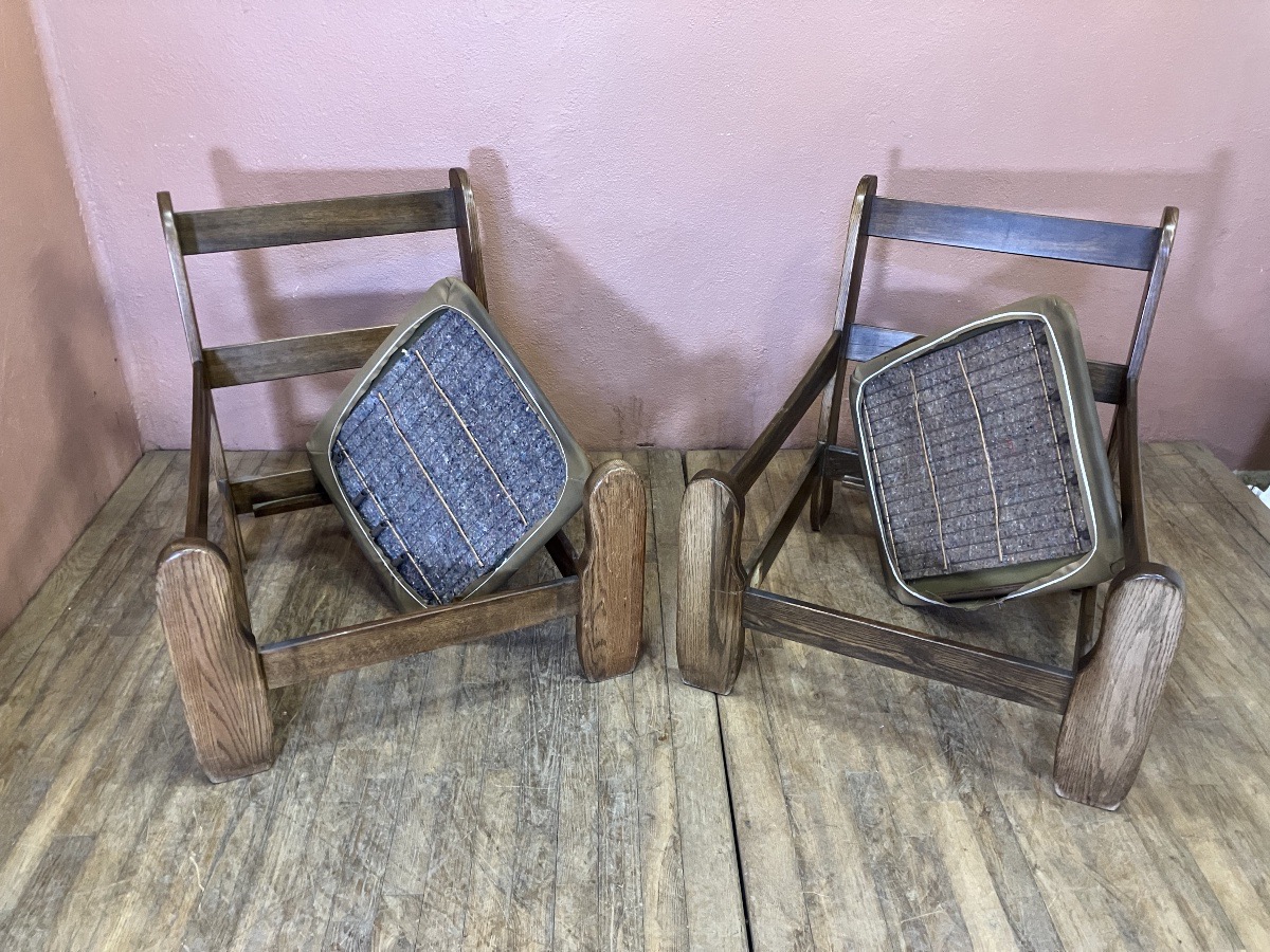 Pair Of Brutalist Oak And Leather Armchairs-photo-5