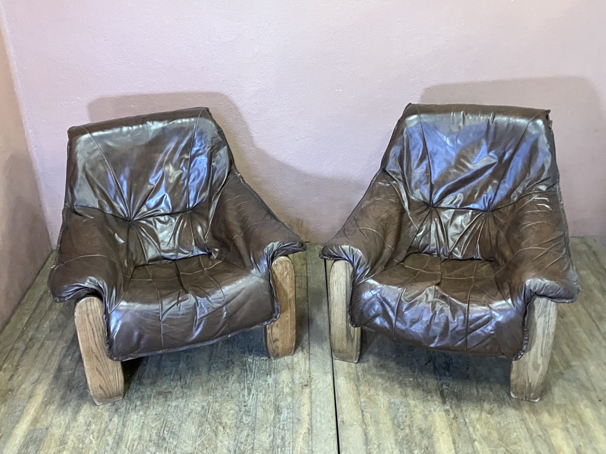 Pair Of Brutalist Oak And Leather Armchairs