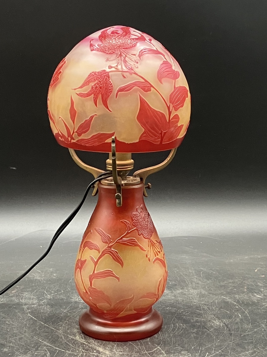 Gallé Art Nouveau Fleur-de-lys Mushroom Lamp In Acid-etched Multi-layered Glass-photo-1