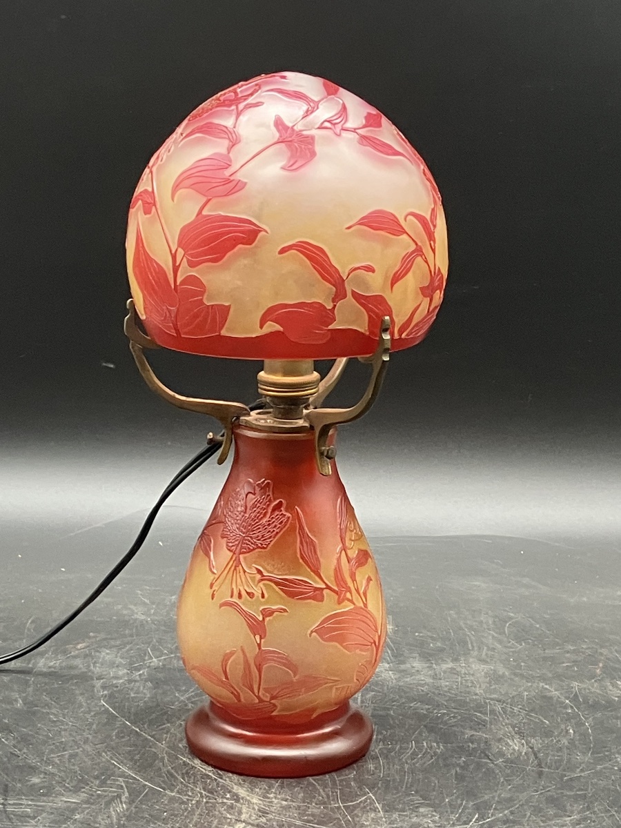 Gallé Art Nouveau Fleur-de-lys Mushroom Lamp In Acid-etched Multi-layered Glass-photo-2