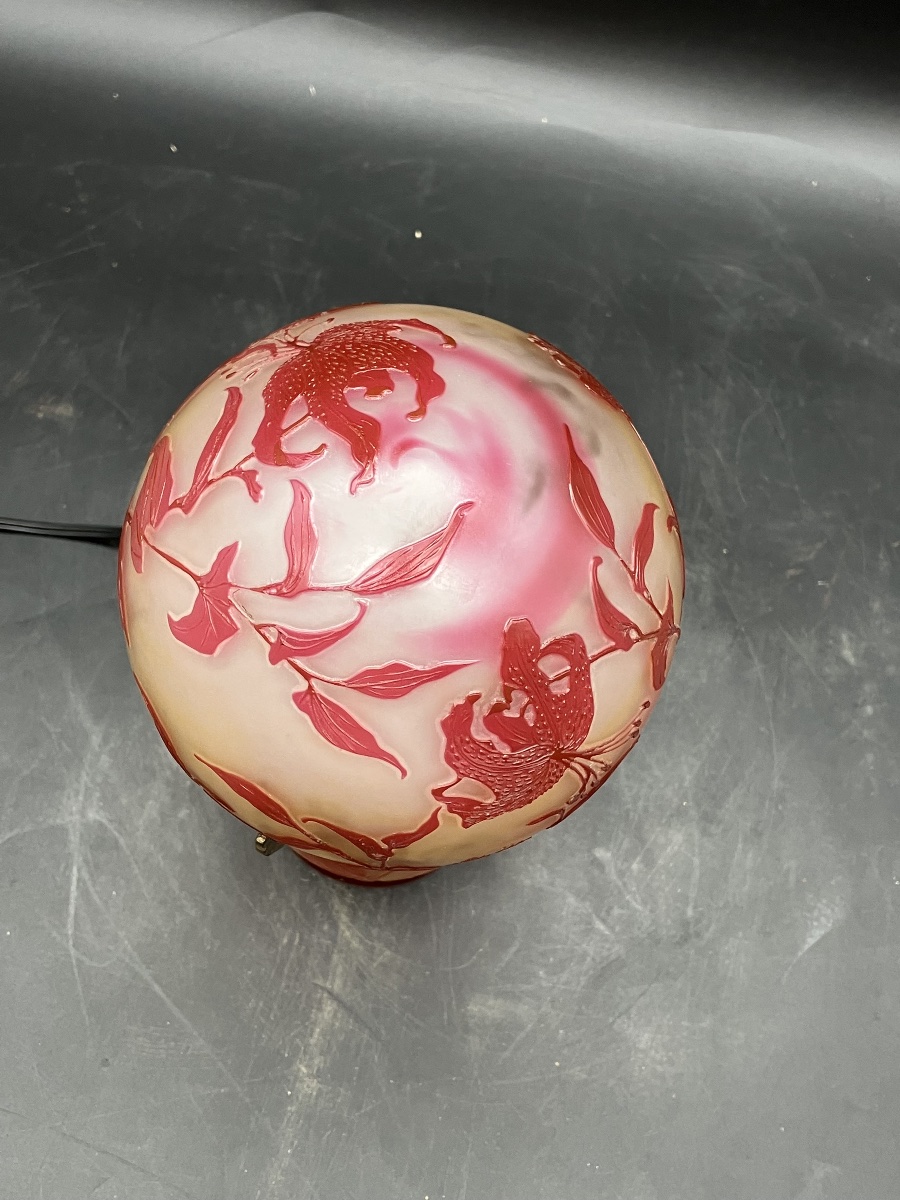 Gallé Art Nouveau Fleur-de-lys Mushroom Lamp In Acid-etched Multi-layered Glass-photo-4