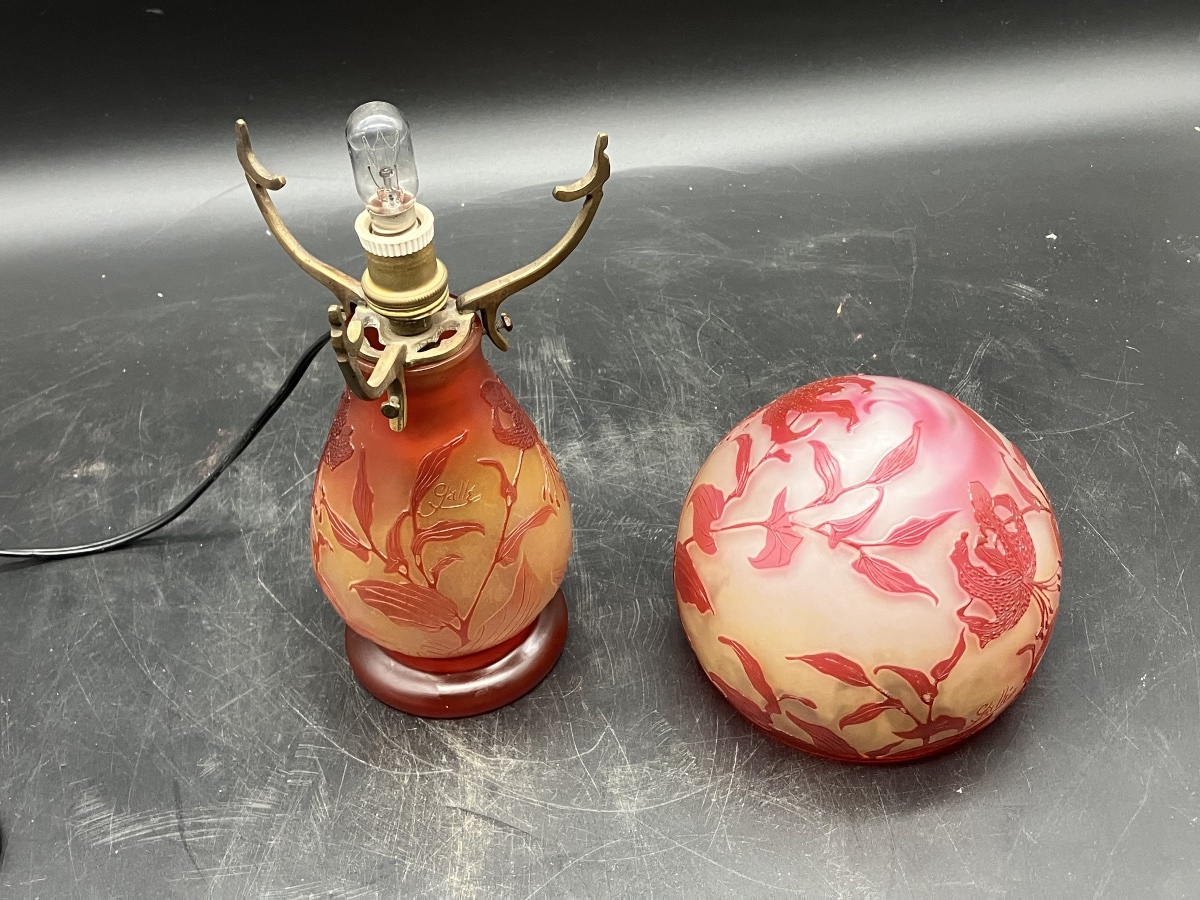 Gallé Art Nouveau Fleur-de-lys Mushroom Lamp In Acid-etched Multi-layered Glass-photo-5