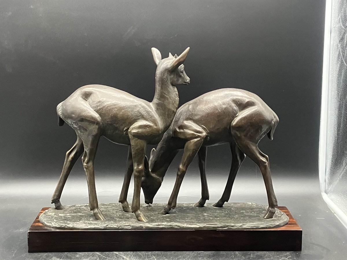 Irénée Rochard Art Deco Bronze Two Deer On Macassar Ebony Base-photo-2