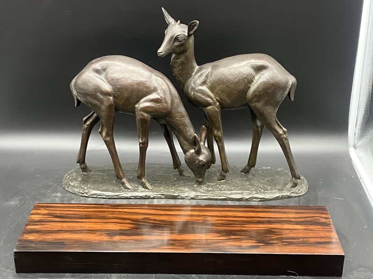 Irénée Rochard Art Deco Bronze Two Deer On Macassar Ebony Base-photo-4
