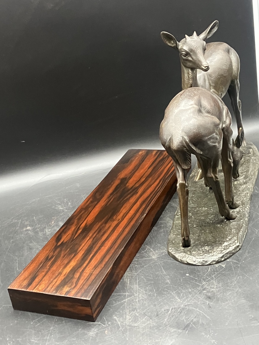 Irénée Rochard Art Deco Bronze Two Deer On Macassar Ebony Base-photo-3
