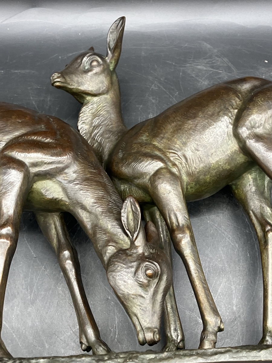Irénée Rochard Art Deco Bronze Two Deer On Macassar Ebony Base-photo-5