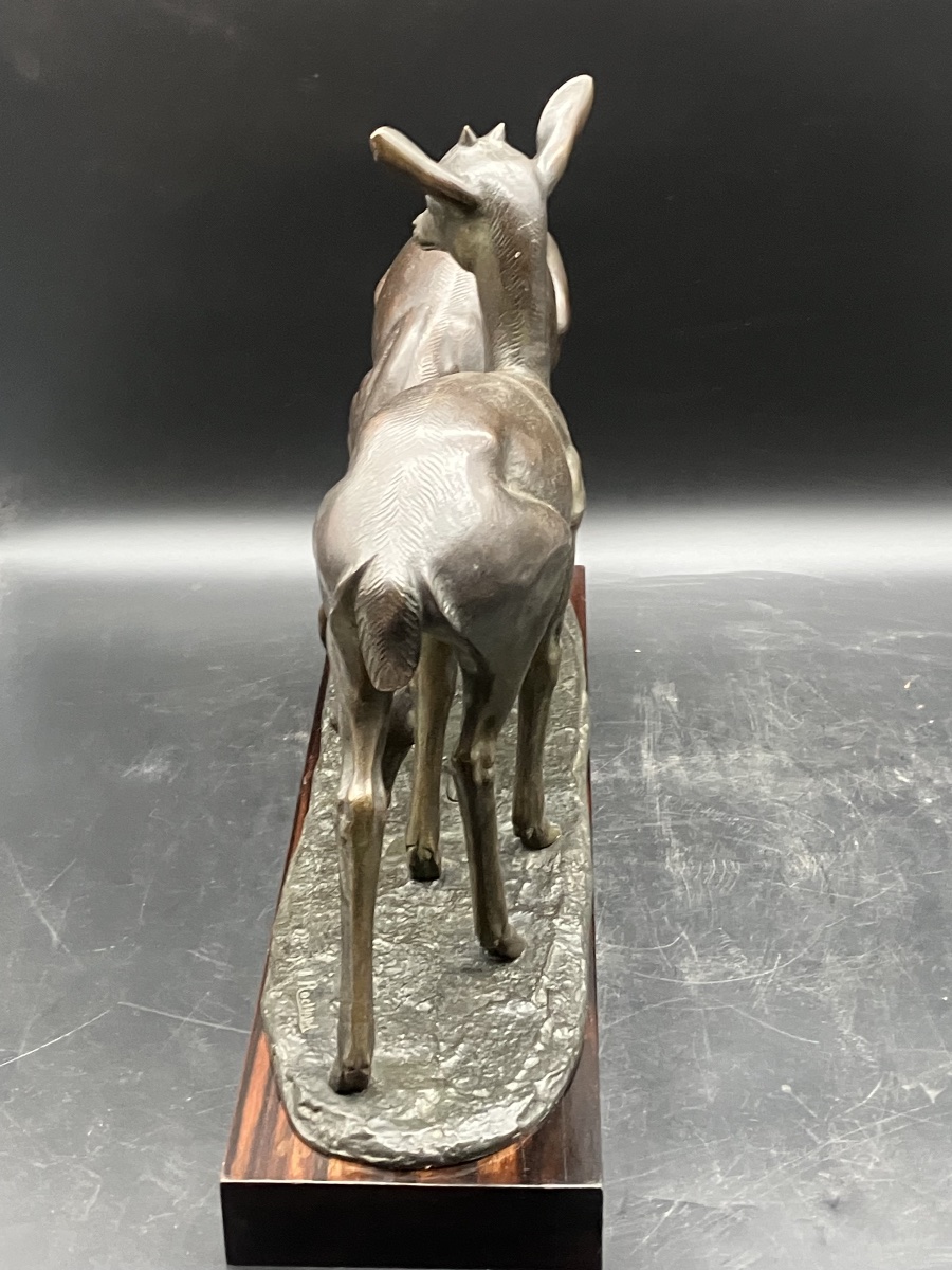 Irénée Rochard Art Deco Bronze Two Deer On Macassar Ebony Base-photo-8